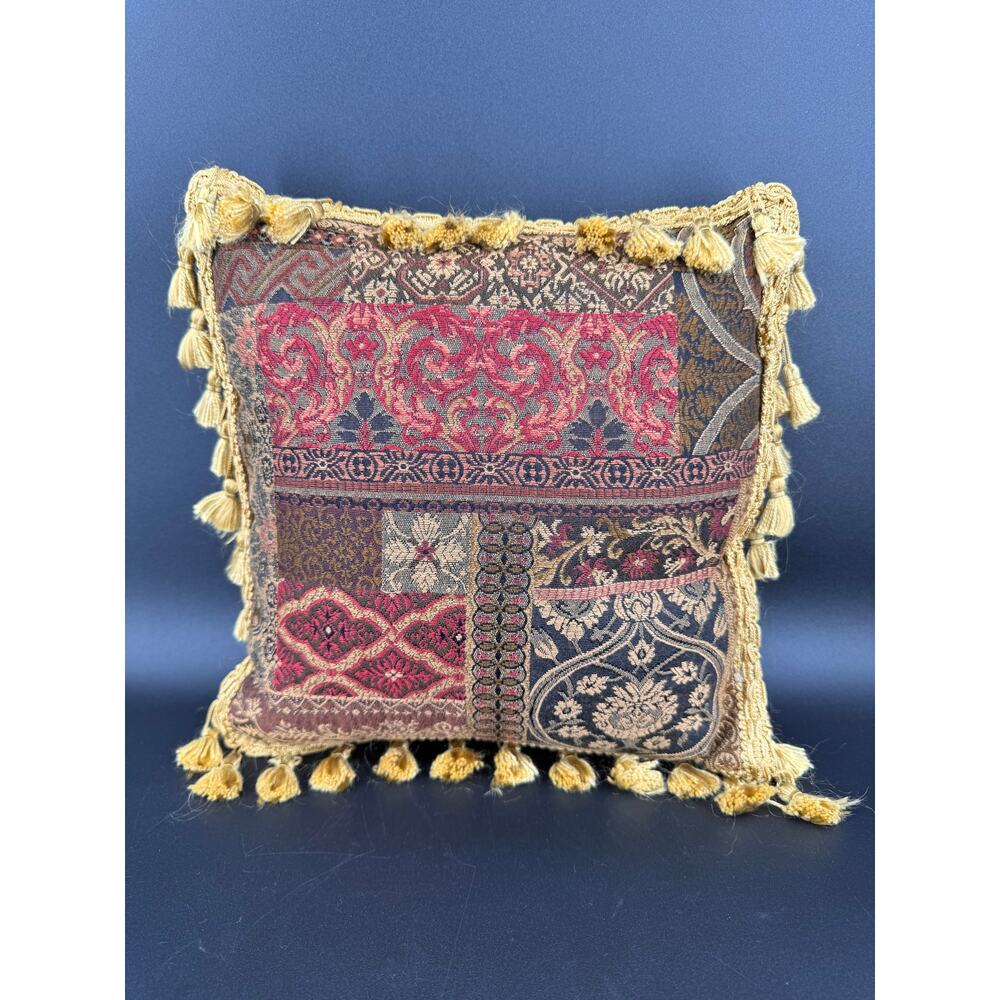 Vintage Tapestry Throw Pillow 11x11 Tassel Trim Boho Traditional Decor Red Gold